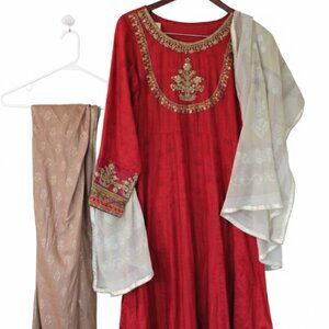 Embroidered Maroon Anarkali Kurta Ghera with Dupatta and Trousers Medium